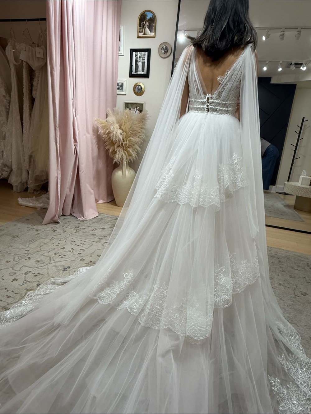 Ivory Lace Tiered A Line Wedding Dress - Picture 3 of 6